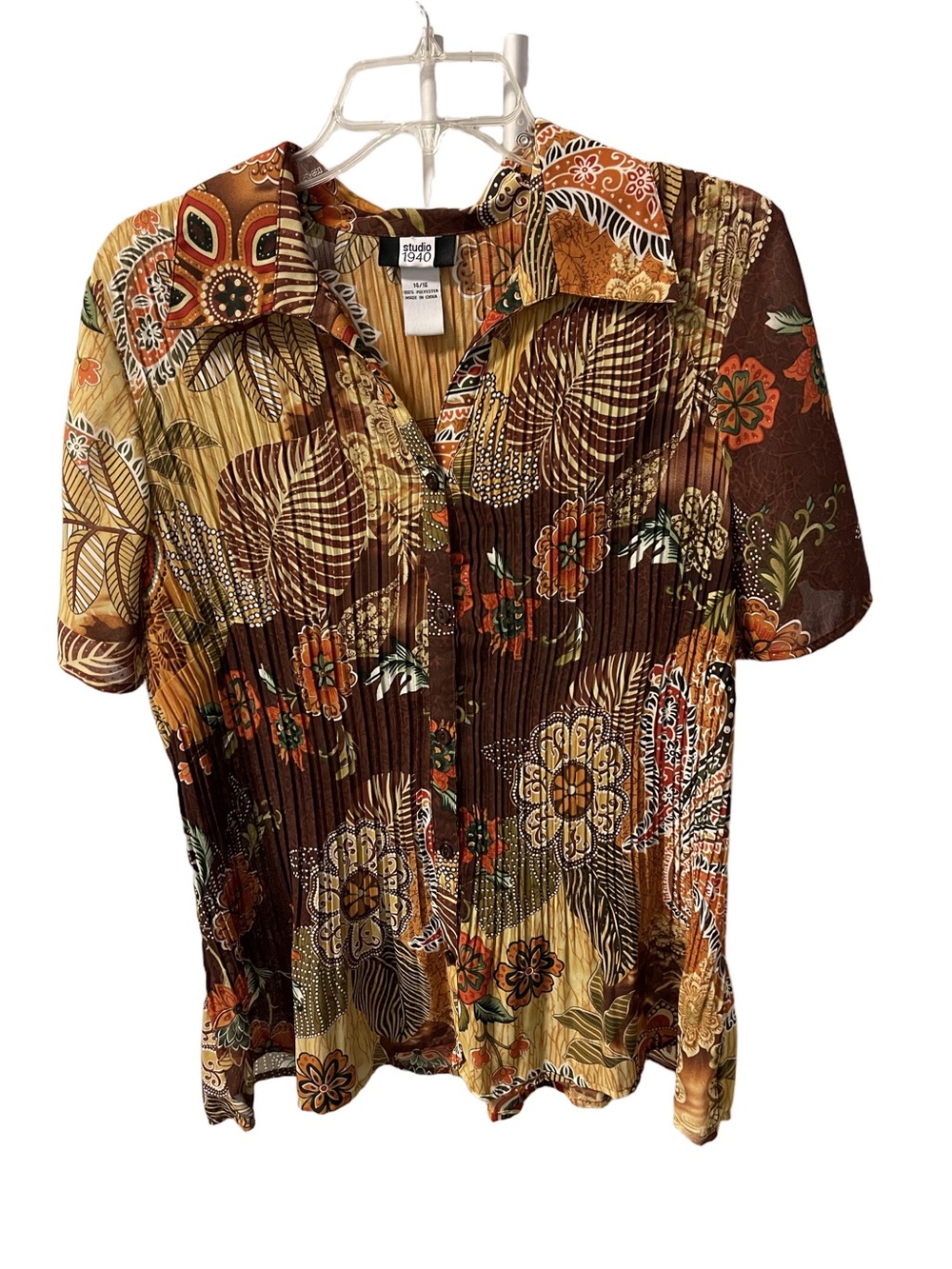 Studio 1940 Brown Floral Short-Sleeve Button Front Top Sz 14/16 (L)